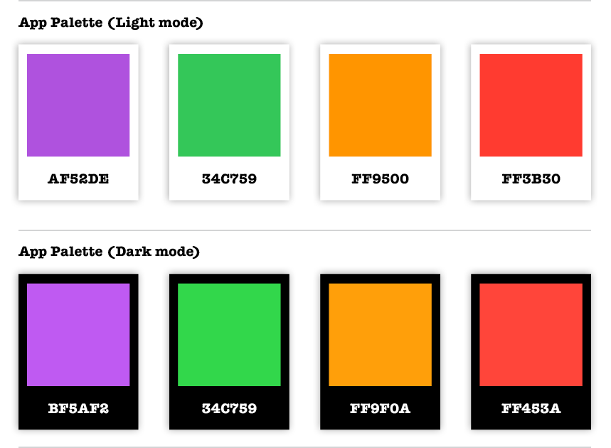 Best Practices for Brand Identity Guides contain App Palettes that include iOS colour guidelines for Light and Dark device modes.