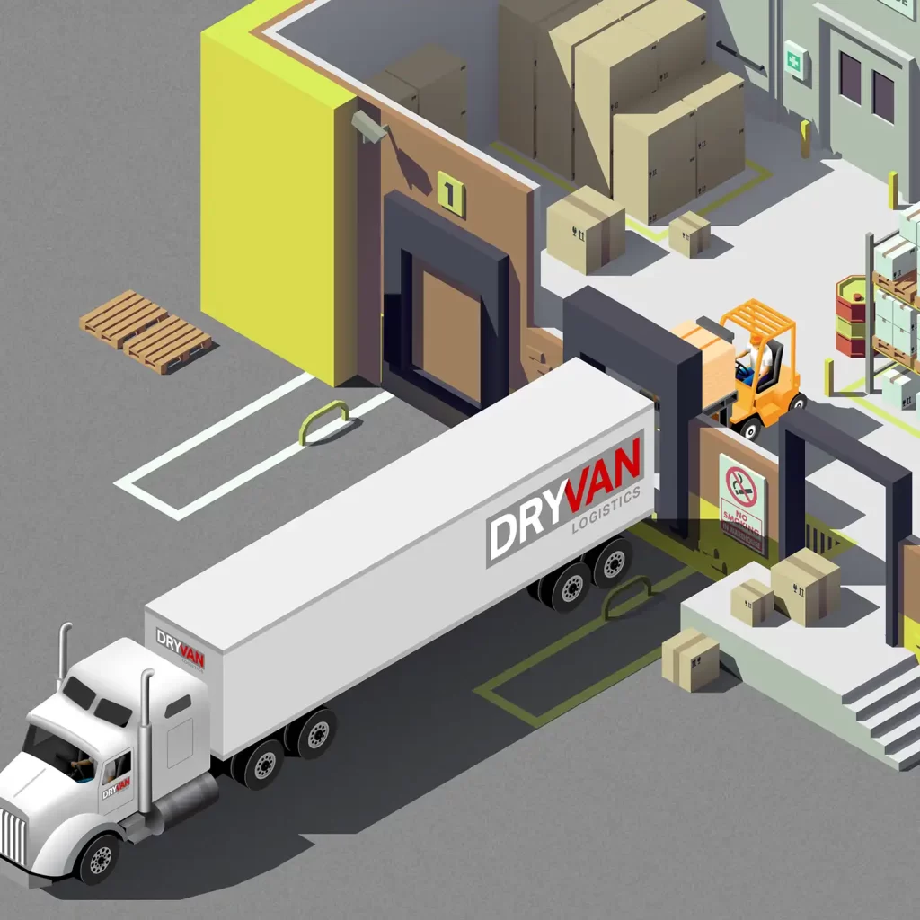 Isometric Illustration of DryVan Logistics Truck at the Warehouse. (Illustration)