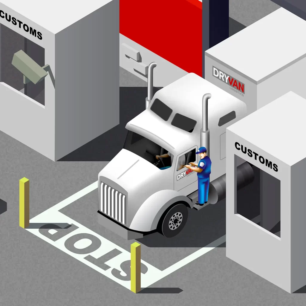 Isometric Illustration of DryVan Logistics Truck at the border. (Illustration)